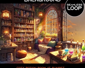 Animated Cozy Potion Sunset Room Background VTuber Stream Overlay Seamless Loop (Digital Download)