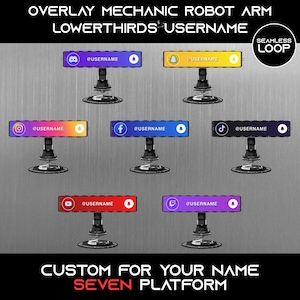 May include: Seven platform overlay designs with a mechanic robot arm base. Each platform features a different social media logo and the word "username". The text "OVERLAY MECHANIC ROBOT ARM LOWERTHIRDS USERNAME" is at the top. The text "CUSTOM FOR YOUR NAME SEVEN PLATFORM" is at the bottom.