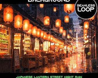 Geanimeerde anime Japanse lantaarn straat nacht regen stroom achtergrond: naadloze loops digitale download