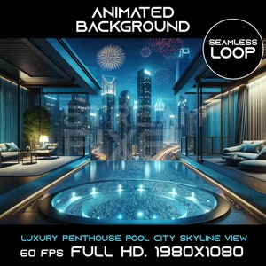 Animated virtual background seamless Luxury Penthouse Pool City Skyline View Lofi vtuber twitch overlay zoom streaming for streamer