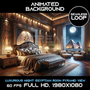 Puede incluir: Un dormitorio lujoso con una cama grande, mesitas de noche y lámparas. La habitación tiene vistas a las pirámides por la noche. El texto "LUXURIOUS NIGHT EGYPTIAN ROOM PYRAMID VIEW 60 FPS FULL HD. 1980×1080" está en la parte inferior de la imagen.