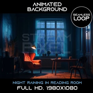 May include: Animated background of a rainy night scene in a reading room. A red armchair sits near a table with a lamp and a window with rain falling outside. The text "NIGHT RAINING IN READING ROOM" and "FULL HD. 1980X1080" is at the bottom of the image.