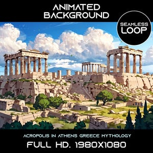 Op de afbeelding: Een geanimeerde achtergrond met een digitale illustratie van de Akropolis in Athene, Griekenland. De afbeelding is een naadloze lus en heeft een Full HD-resolutie van 1980x1080. De afbeelding toont een helderblauwe lucht met witte wolken, een groene grasheuvel en de Akropolis op de achtergrond.