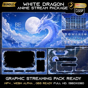 Może przedstawiać: Cyfrowy pakiet do streamingu graficznego z białym smokiem na tle fantastycznego krajobrazu. Pakiet zawiera nakładki, odznaki i panele. Tekst zawiera "White Dragon Anime Stream Package", "Be Right Back" i "Graphic Streaming Pack Ready".