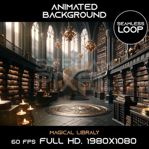 May include: Animated background of a magical library with a grand staircase, bookshelves, and glowing lights. The text "Magical Library" and "60 FPS FULL HD. 1980x1080" is at the bottom of the image.