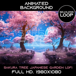 Puede incluir: Fondo animado que presenta un jardín japonés con árboles de cerezo en flor rosa, un camino de piedra que conduce a un puente y una luna llena en el cielo. El texto "SEAMLESS LOOP" está en la esquina superior derecha. El texto "SAKURA TREE JAPANESE GARDEN LOFI FULL HD. 1980X1080" está en la parte inferior de la imagen.