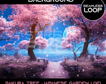 May include: Animated background featuring a Japanese garden with pink cherry blossom trees, a stone path leading to a bridge, and a full moon in the sky. The text "SEAMLESS LOOP" is in the upper right corner. The text "SAKURA TREE JAPANESE GARDEN LOFI FULL HD. 1980X1080" is at the bottom of the image.