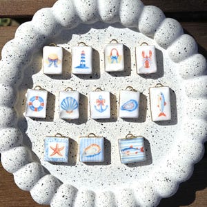 Nautical Ceramic Tile Charms, Beach Summer Pendants for Jewelry Making, Ocean Lighthouse Shell Starfish Charms, Handcrafted Porcelain Tiles