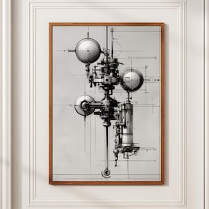 May include: A black and white technical drawing print in a wooden frame, featuring a complex mechanical assembly of spheres, cylinders, and intersecting lines that resemble an intricate engineering blueprint or a schematic of a machine.