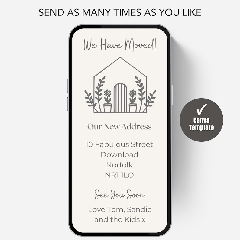 Digital New Home Announcement, Edit in Canva & Send in Minutes! Send via text, whatsapp Etc
