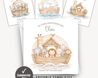 Editable Card Templates Bundle with Commercial Use, 5 Noahs Ark Christening or Baptism Designs to Create and Sell As Your Own Cards - FDC7