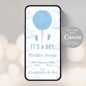 Digital Birth Announcement, Its a Boy! Download, Edit & Send in Minutes! Newborn Baby Announcement to send via text, whatsapp etc 702A