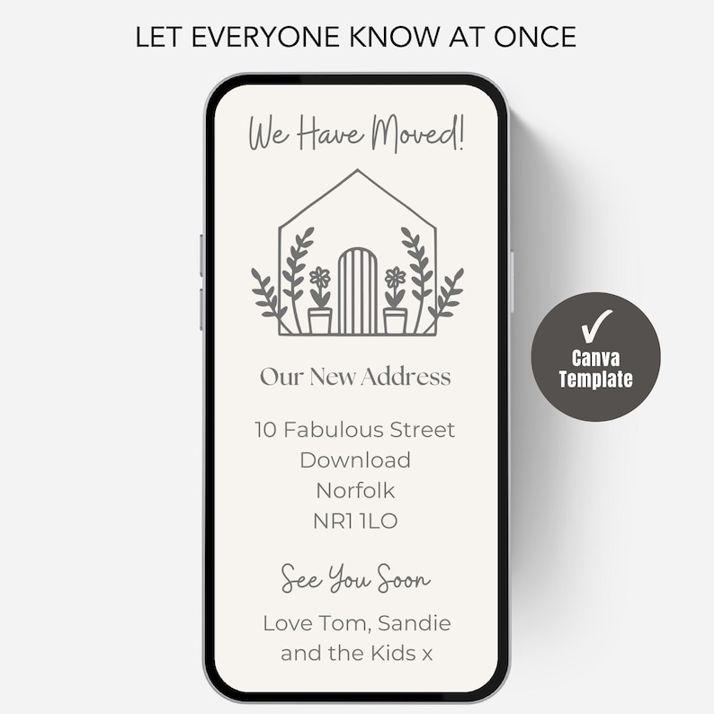 Digital New Home Announcement, Edit in Canva & Send in Minutes! Send via text, whatsapp Etc