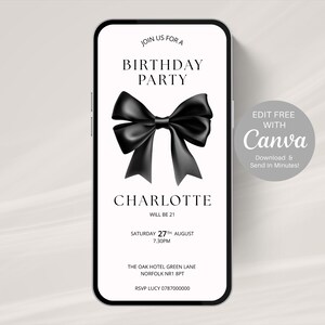 faire-part 21e anniversaire avec noeud noir, modèle de Invitation à une fête élégante | Tout âge | Téléchargement numérique modifiable | Invitation à un événement chic - 807A