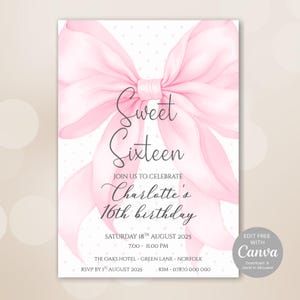 Rosa Schleife Süß 16.Geburtstagseinladung, Sweet Sixteen Party Einladen Vorlage | Oder für jedes Alter Einladung | Bearbeitbarer digitaler Download - 815B