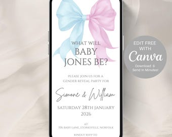 Pink & Blue bow Gender Reveal Invitation, Digital Download, Editable Evite for phone | Electronic Gender Reveal He or She Text Invite -511A