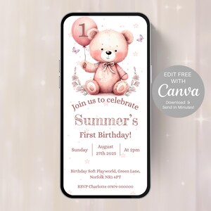 Editable Teddy 1st Birthday Phone Invitation – Digital Birthday Text Invite – Send via WhatsApp, SMS or Email – Mobile Canva Template - 406A