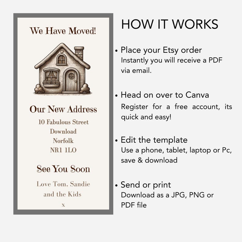 Digital New Home Announcement, Edit in Canva & Send in Minutes! Send via text, whatsapp Etc