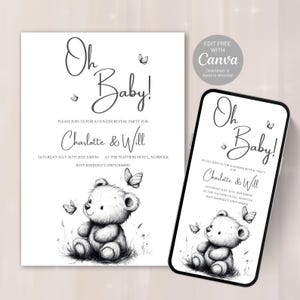 Teddy Bear Gender Reveal Invitation, Digital Download Invitation, Editable Evite for phone | Electronic Gender Reveal He or She Invite -514C