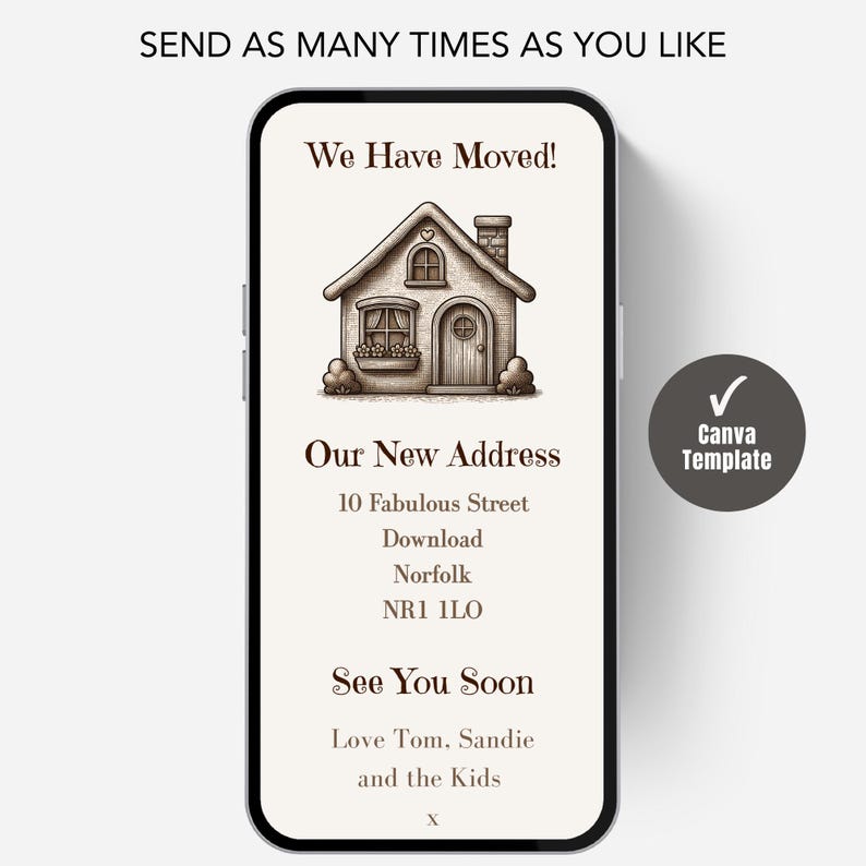 Digital New Home Announcement, Edit in Canva & Send in Minutes! Send via text, whatsapp Etc