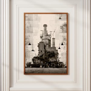 May include: A framed wall art print featuring a monochromatic, detailed illustration of a complex industrial machine with pipes, gears, and towers, set against a light beige background with hanging pendant lights.