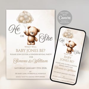 Teddy Bear Gender Reveal Invitation, Canva Editable Template | Balloon Baby Shower Invite | Digital Download | Neutral Party Invite -500C