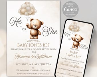 Teddy Bear Gender Reveal Invitation, Canva Editable Template | Balloon Baby Shower Invite | Digital Download | Neutral Party Invite -500C