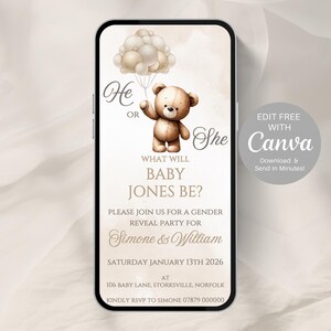 Teddy Bear Gender Reveal Invitation, Canva Editable Template | Balloon Baby Shower Invite | Digital Download | Neutral Party Invite -500A
