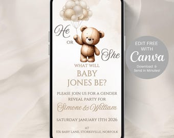 Teddy Bear Gender Reveal Invitation, Canva Editable Template | Balloon Baby Shower Invite | Digital Download | Neutral Party Invite -500A