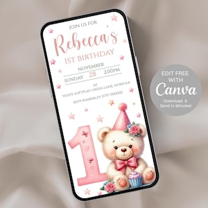 Editable Teddy 1st Birthday Phone Invitation – Digital Birthday Text Invite – Send via WhatsApp, SMS or Email – Mobile Canva Template - 407A