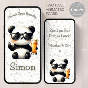 Boozy Panda-verjaardagskaart, digitale download, binnen enkele minuten bewerken en verzenden! Geanimeerde kaart om te verzenden via sms, WhatsApp, enz. Verjaardagskaart: E11