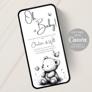 Teddy Bear Gender Reveal Invitation, Digital Download Invitation, Editable Evite for phone | Electronic Gender Reveal He or She Invite -514A