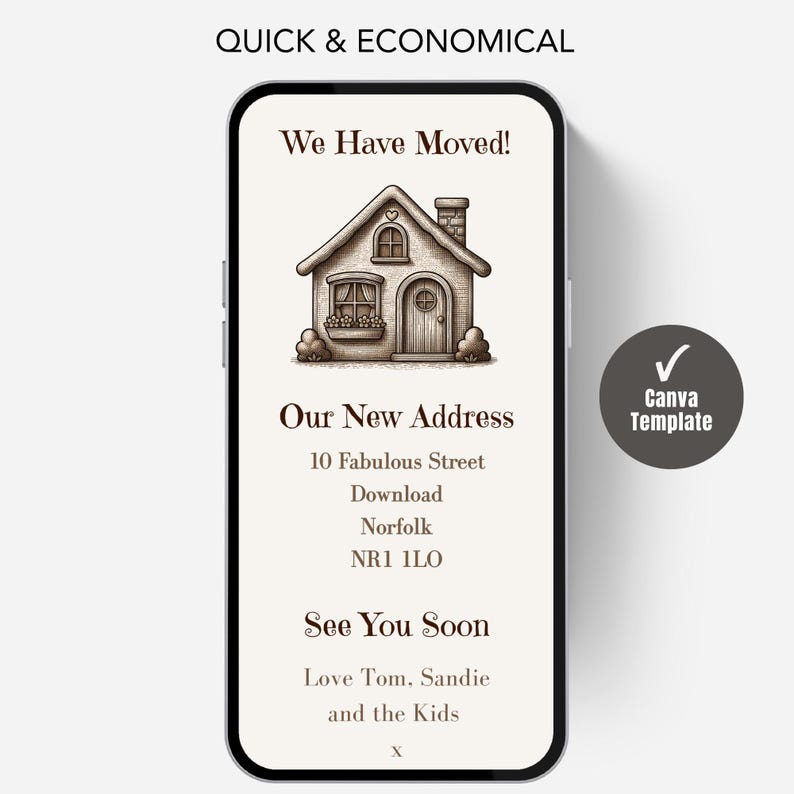 Digital New Home Announcement, Edit in Canva & Send in Minutes! Send via text, whatsapp Etc