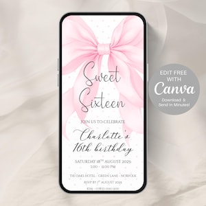 Pink Bow Sweet 16 Invitation Template, Editable Sweet Sixteen Birthday Party Invite, Digital Download for Any Age Celebration - 815A