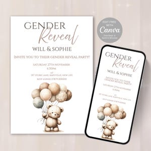 Faire-part de révélation de sexe d'ours en peluche. Modèle de toile neutre | Ballon d'invitation modifiable | Ou utilisez-le pour une baby shower | Téléchargement numérique -515C