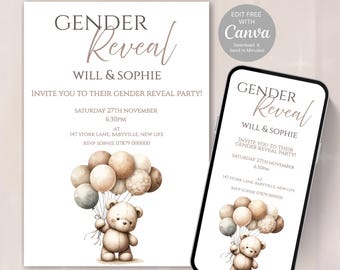 Teddy Bear Gender Reveal Invitation. Neutral Canva Template | Editable Balloon Invite | Or use for a Baby Shower | Digital Download -515C