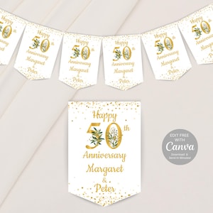 Golden Wedding Anniversary Bunting, 5x7” Printable & Editable Canva Template – DIY Digital Bunting, Banner to Print – Instant Download - GW1
