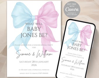 Pink and Blue Gender Reveal Party Invitation - Instant Download! Two templates - 5x7&quot; for Print/Email & Phone for Text/WhatsApp Evite - 511C