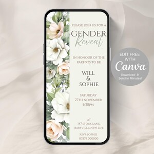 FloralGender Reveal Invitation, Digital Download Invitation, Editable Evite for phone | Electronic Gender Reveal He or She Invite -513A