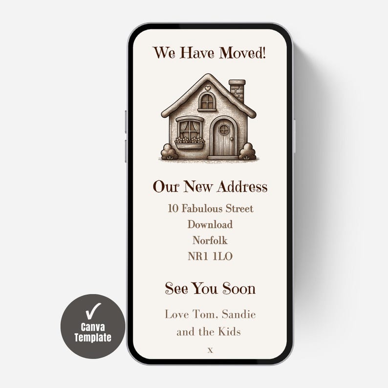 Digital New Home Announcement, Edit in Canva & Send in Minutes! Send via text, whatsapp Etc