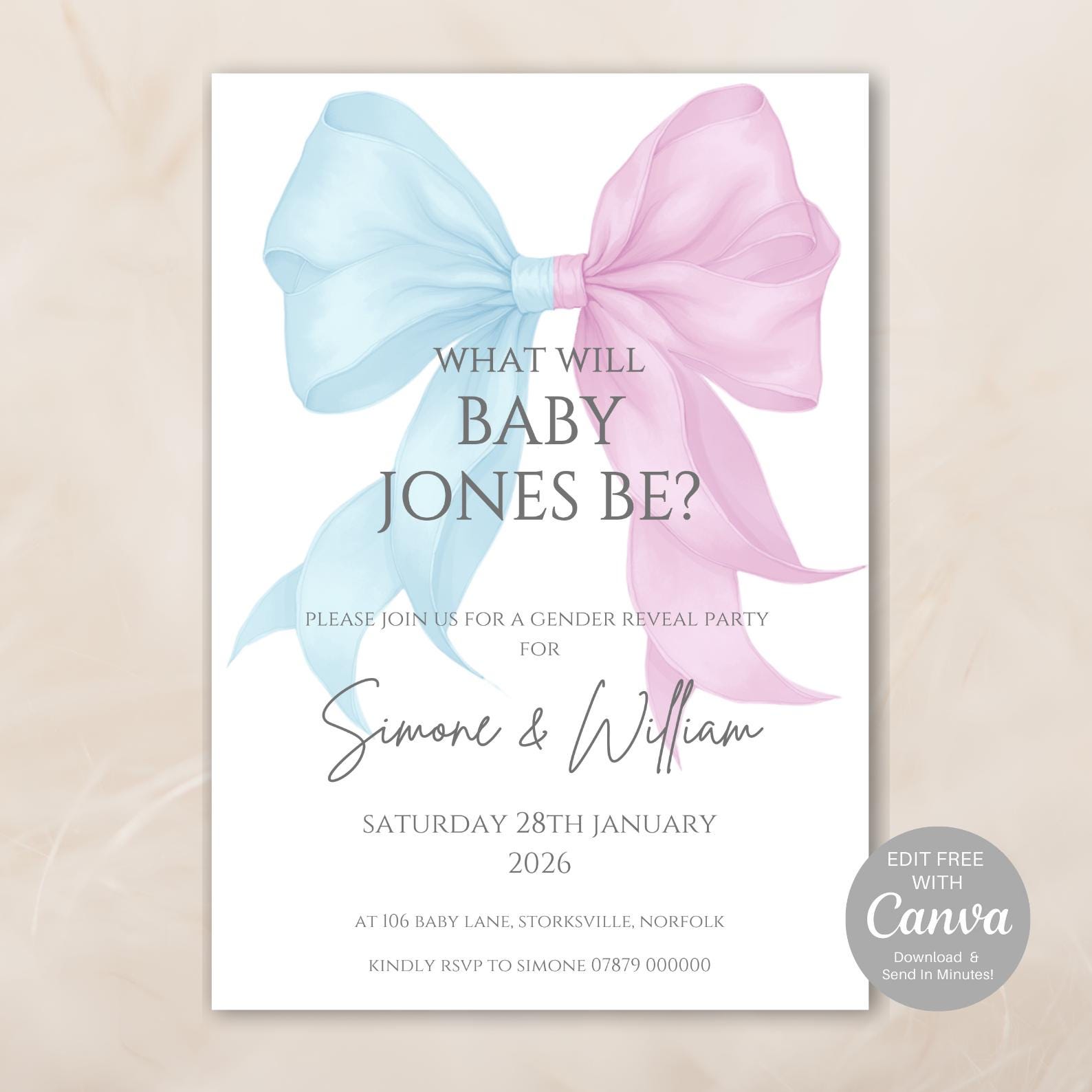 Pink & Blue Bow Gender Reveal Invitation - Evite to Download, Edit and Print or Send Via Email- Evite 5x7" Canva Template, He or She - 511B