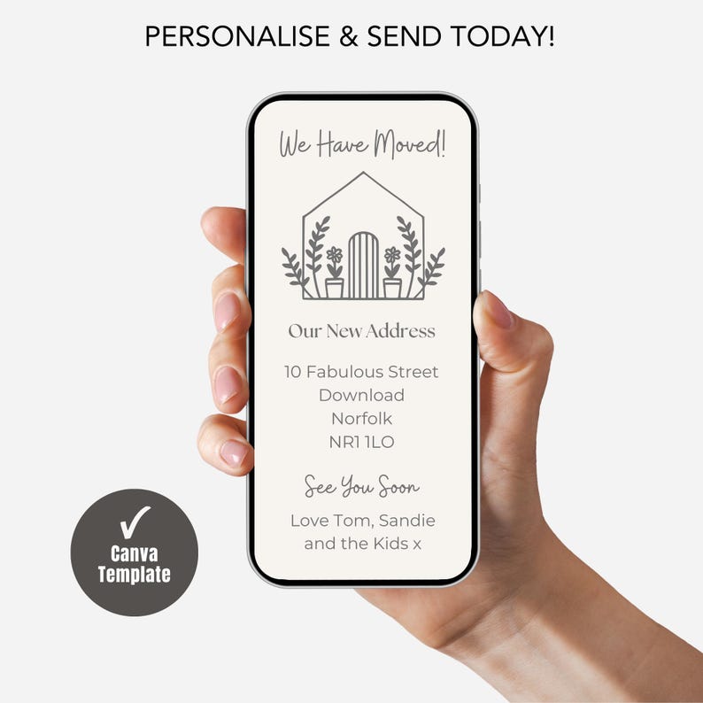 Digital New Home Announcement, Edit in Canva & Send in Minutes! Send via text, whatsapp Etc