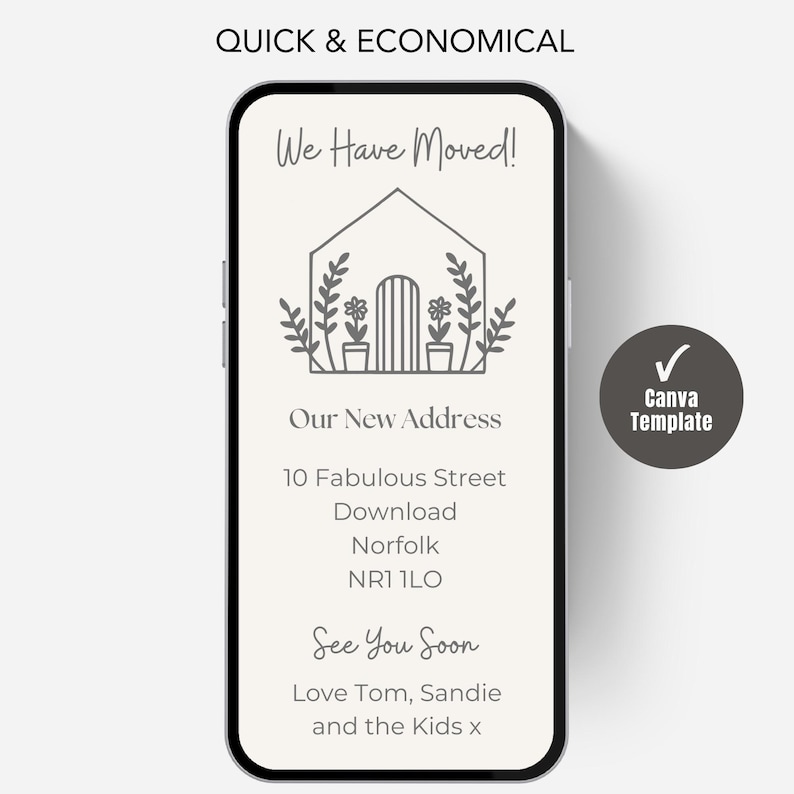 Digital New Home Announcement, Edit in Canva & Send in Minutes! Send via text, whatsapp Etc