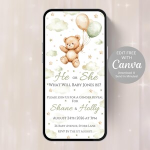 Teddy Bear Gender Reveal Invitation, Digital Download Invitation, Editable Evite for phone | Electronic Gender Reveal He or She Invite -506A