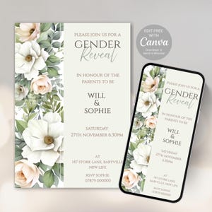 Floral Gender Reveal Invitation, Digital Download Invitation, Editable Evite for phone | Electronic Gender Reveal He or She Invite -513C