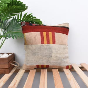 Vintage Kilim Pillow, Home Decor Pillow, 16x16 Turkish Pillow, Turkish Kilim Pillow, Red Pillow Cover, Patchwork Pillow,