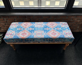 Handmade Ottoman Bench, Piano Bench, Aztec Upholstered Bench, Turkish Rug Bench, Farmhouse Decor, Upholstered Wood Ottoman Bench,