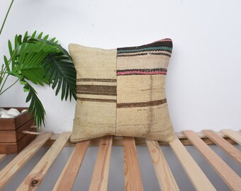 Kilim Pillow Cover, Interior Designer Pillow, 16x16 Home Decor Pillow, Beige Pillow Cover, Patchwork Pillow, Contemporary Striped Pillow,