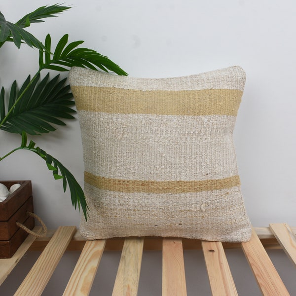 Kilim Pillow, Boho Pillow, 16x16 Kilim Cushion Sham, Vintage Kilim Throw Pillow, White Pillow Cover, Hemp Pillow, Shabby Chic Cushion,