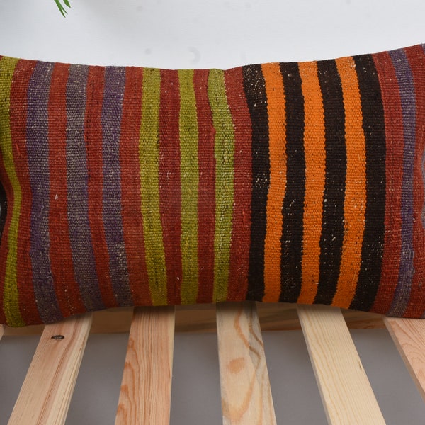 Kelim Kissen, Kissen für Couch, 12x20 handgefertigtes Kelimkissen, Kilim Kissen Sham, Roter Kissenbezug, Türstopper Kissen, Boho Streifen Kissen,